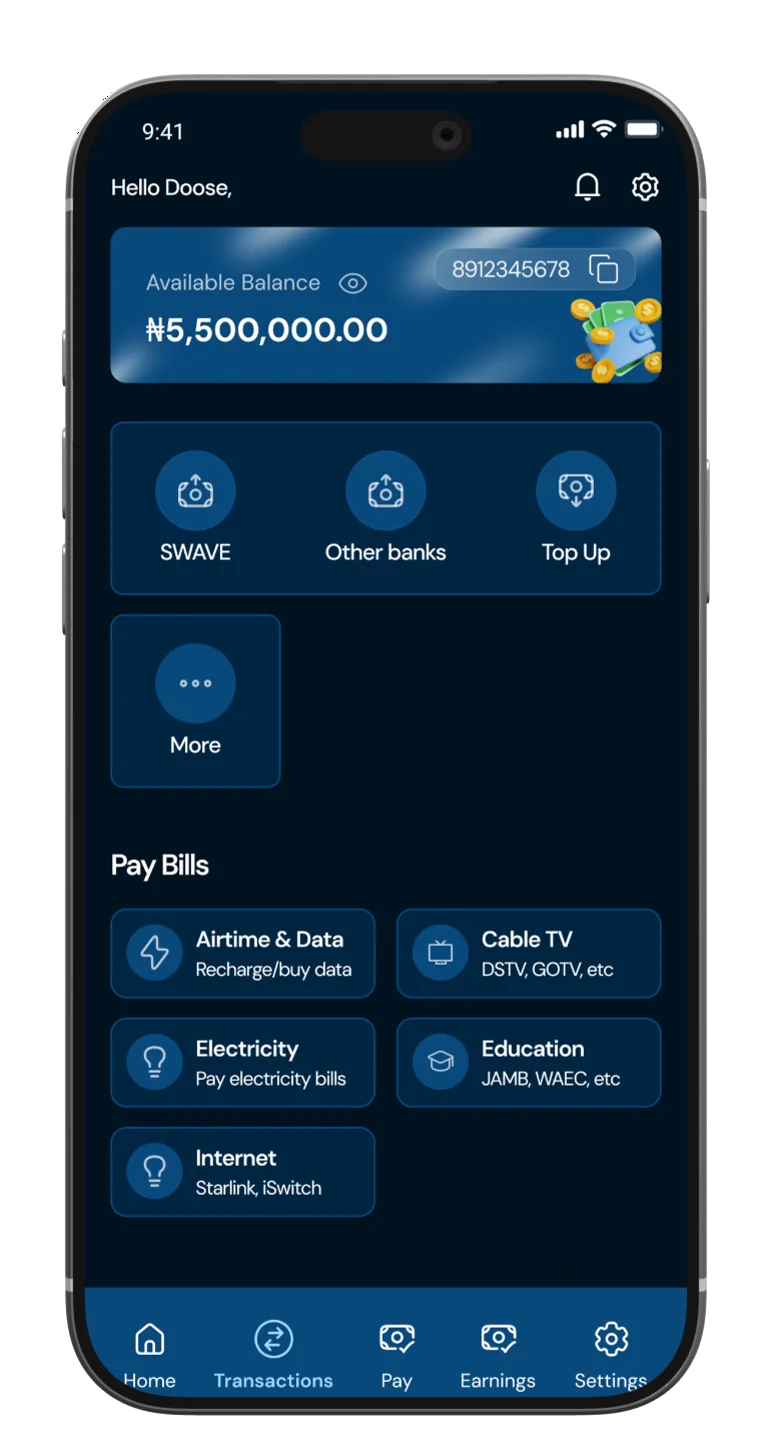 SWAVE Money app on phone